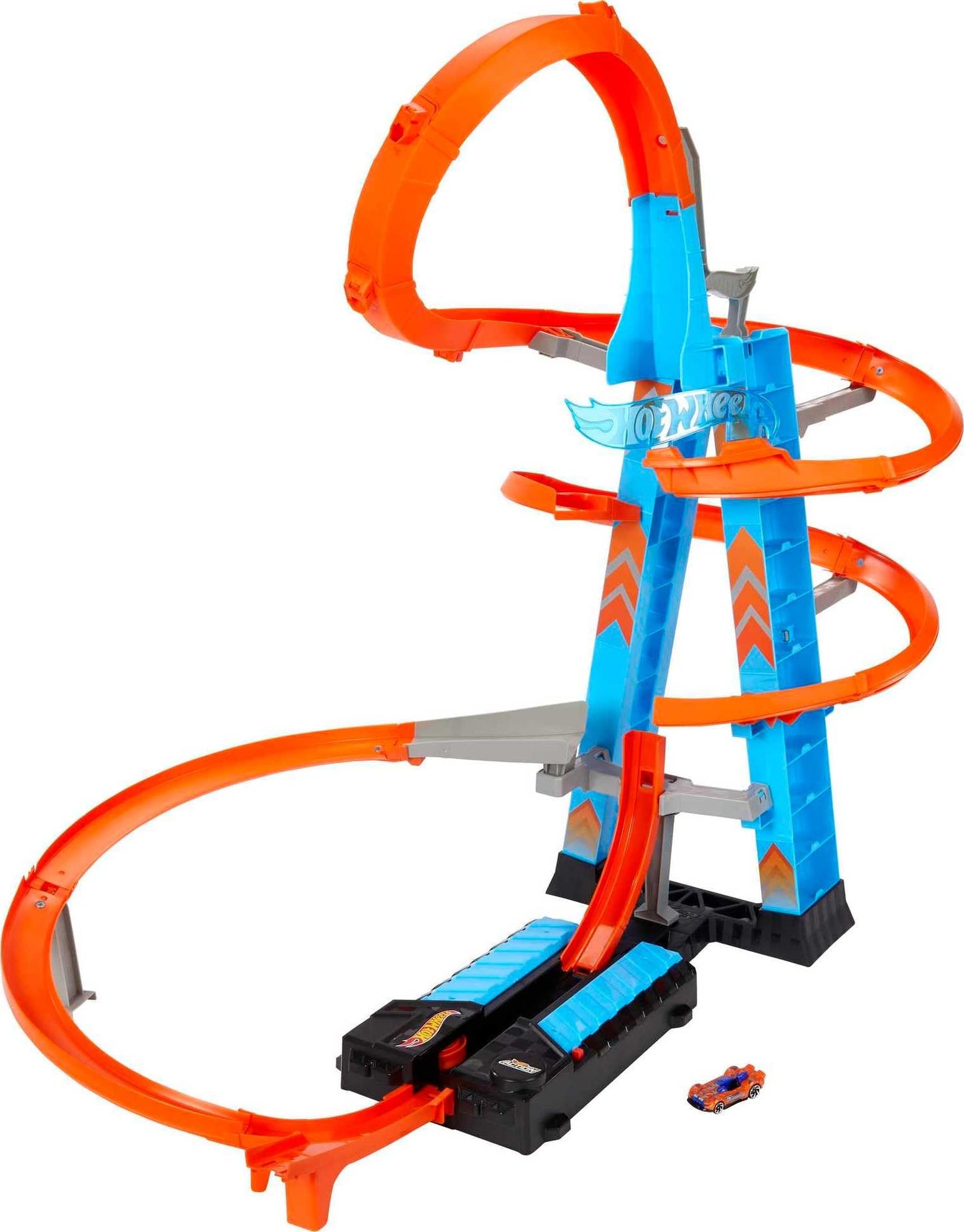 Hot Wheels Sky Crash Tower, 60cm tall with battery-powered booster and orange track with loop, gift for kids ages 5-10, variations in packaging may occur, GWT39.