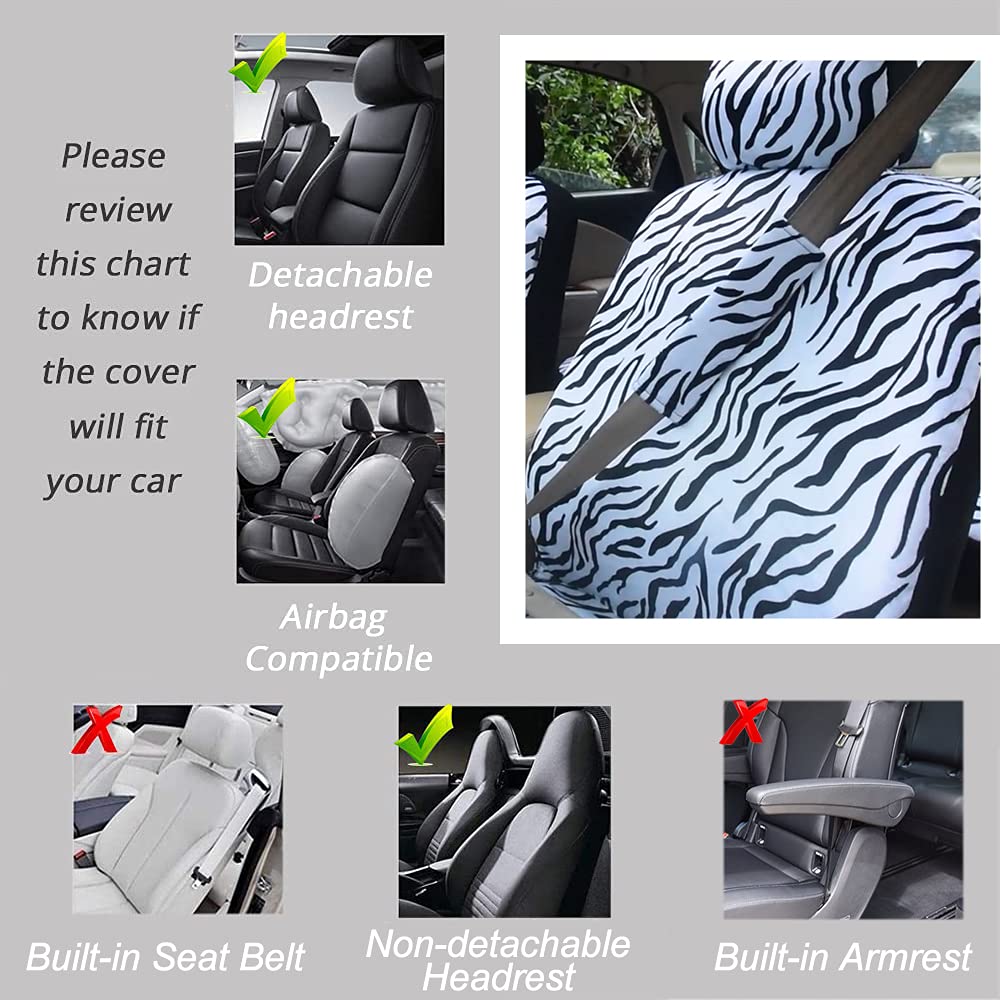 Zebra car seat covers, complete set for front and back seats, includes 2 seat belt pads and universal 15 inch steering wheel cover, fits cars, trucks, SUVs or vans, designed for women (Zebra)