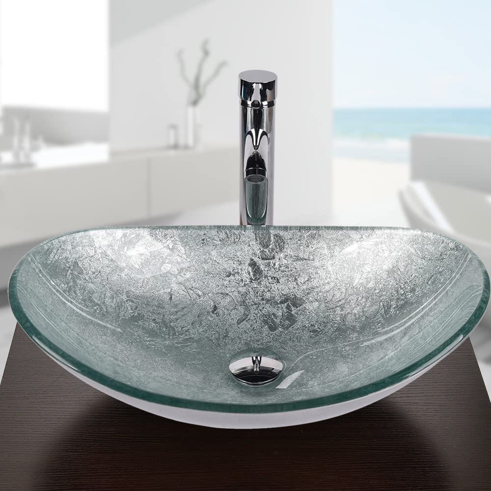 ARTETHYS Glass Countertop Basin with Faucet Drain, Oval Washbasin Vanity Set Silver, Bathroom Kitchen, Guest WC