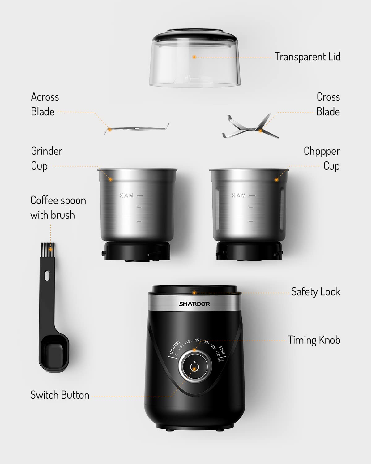 SHARDOR Coffee Grinder with 2 Stainless Steel Cups Spice Grinder, Automatic Timer, Quiet Grinding, Can Be Used to Grind Coffee Beans, Spices, Grains, Sugar, Nuts, 2 * 80 g.