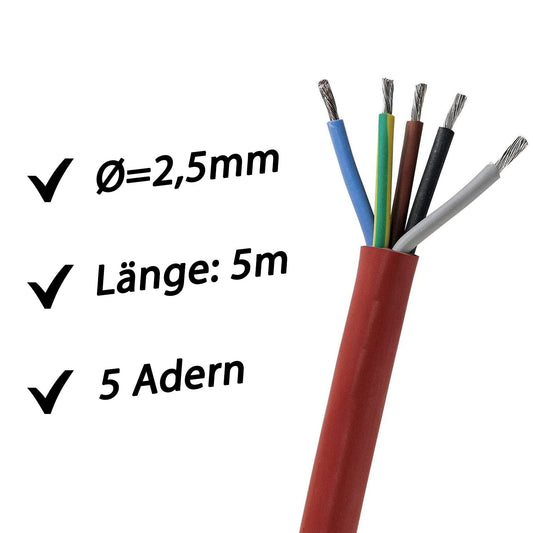 5 meters (m) silicone cable 5x2.5 mm² | SiHF | Heat-resistant and flexible silicone wire | Sauna cable | Ideal for sauna ovens | -60°C to +180°C | Heating devices, spotlights, heating plants, etc.