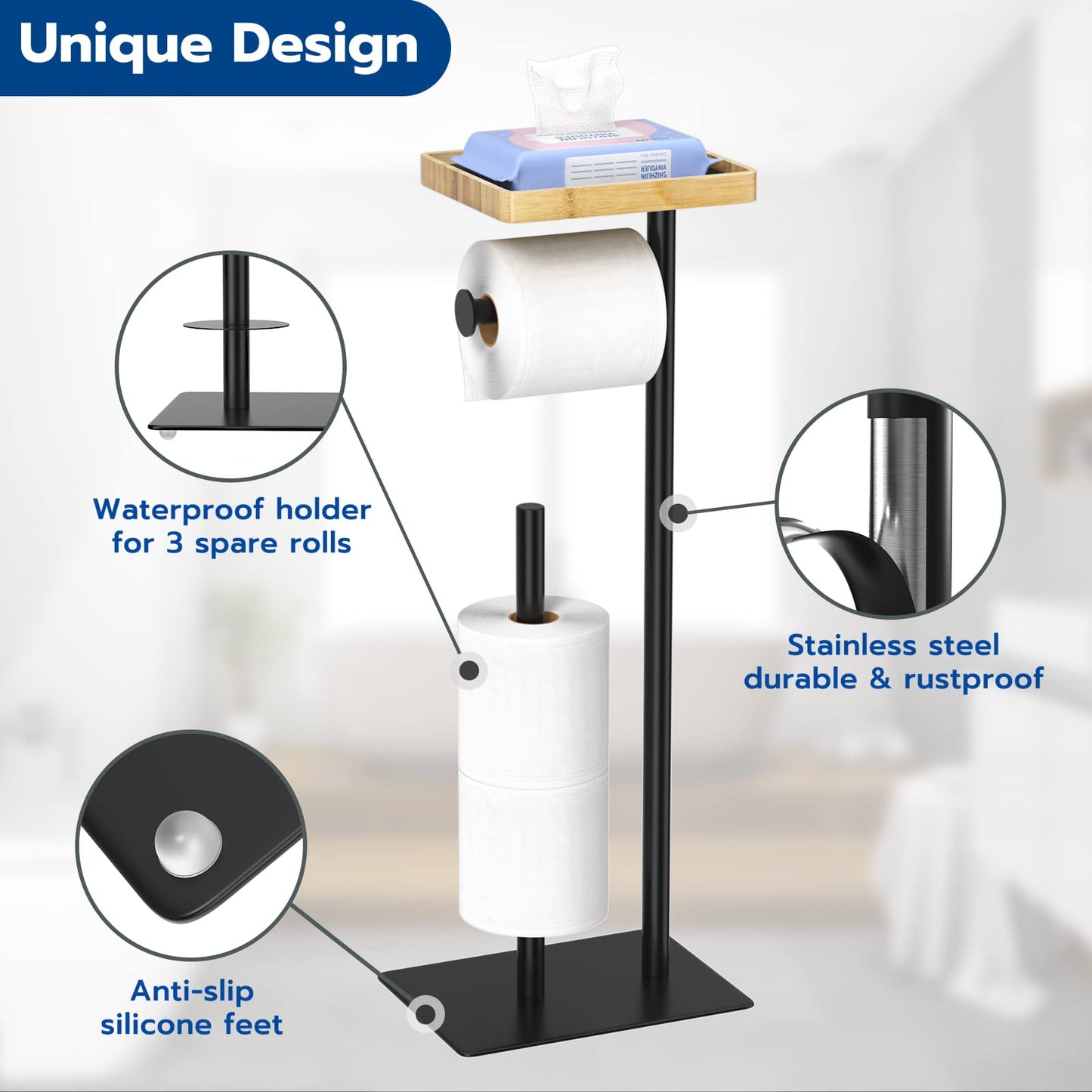Free-standing toilet paper holder with top shelf in bamboo, black toilet paper roll holder stand, floor-standing toilet paper dispenser with space for 4 spare rolls.