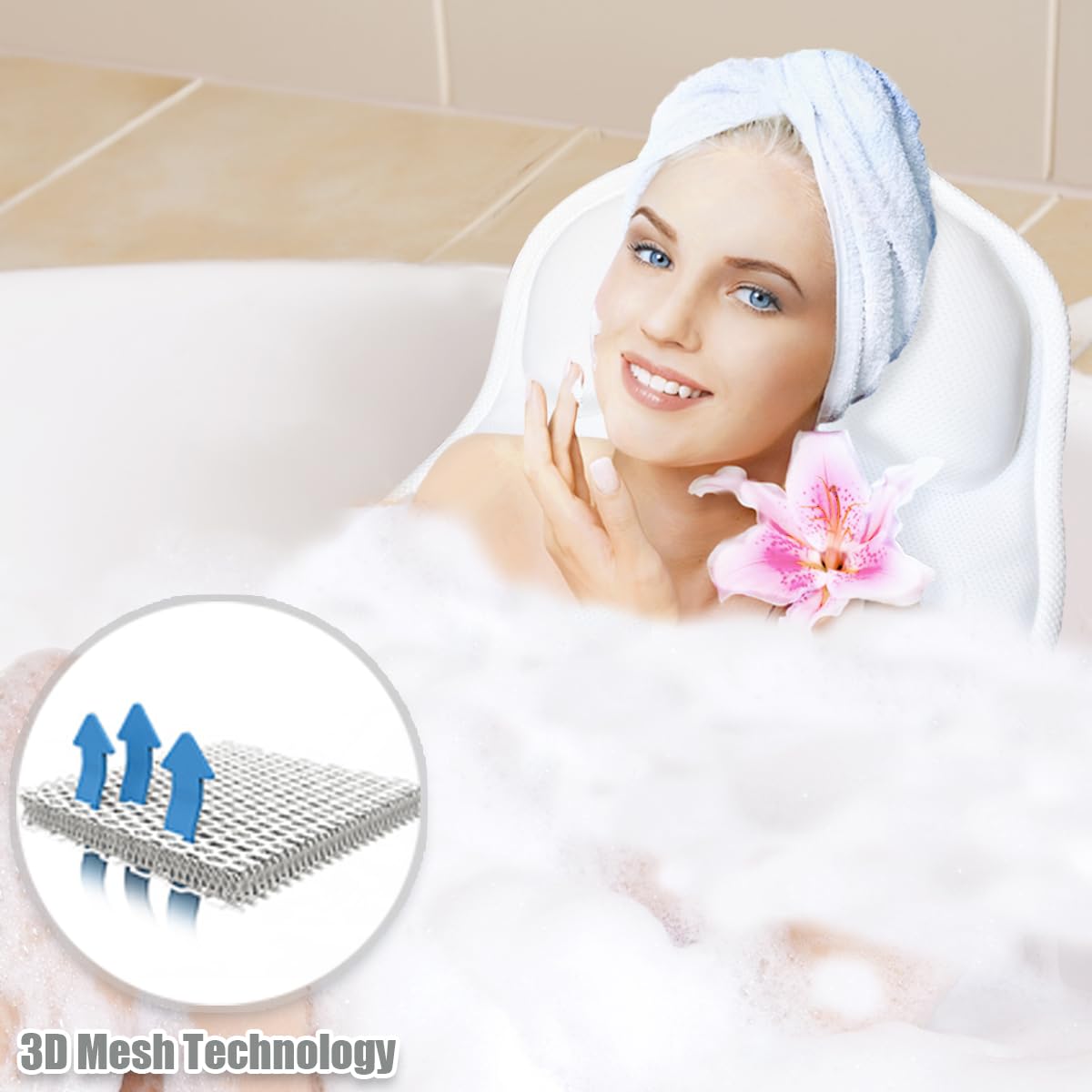 Bathtub Pillow Full Body Bath Pillow Cushion Bathtub (125 x 49cm) - Bathtub Mat with headrest supports neck, back, and legs - Hanging hook for quick drying Home Spa