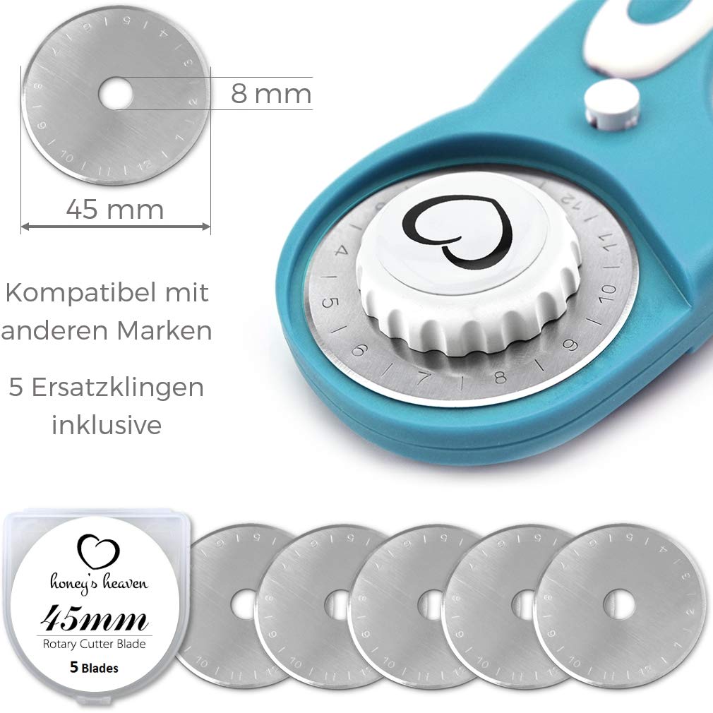 Honey's Heaven 45mm rotary cutter fabric cutter set including cutting mat, replacement blades, fabric clips, patchwork ruler (turquoise/mint, cutting mat in A2 size)
