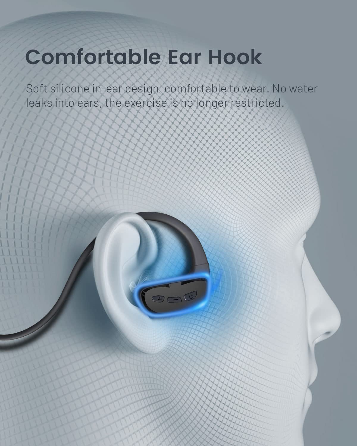 CYBORIS swimming headphones, IPX8 waterproof Bluetooth headphones, wireless in-ear sports headphones with 32GB MP3 player storage, built-in bone conduction speaker, EQ switching function.