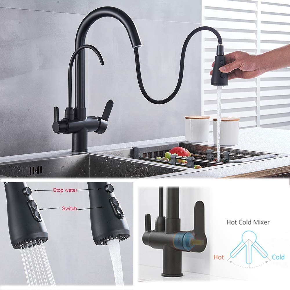 Onyzpily kitchen faucet Pure water High arc High pressure Kitchen tap with pull-out sprayer Extendable tap and 360° swivel Two spray functions Stainless steel Black
