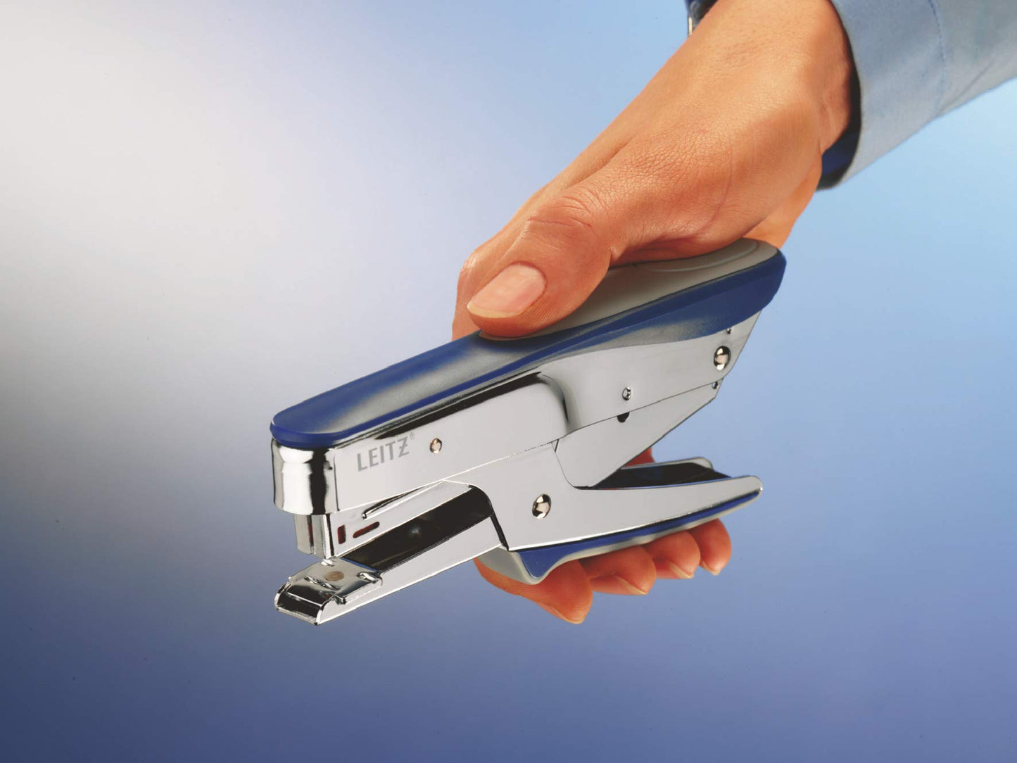 Leitz stapler, for 15 sheets, ergonomic metal design with rubber surfaces, top-loading mechanism, for staples P2 (no. 10), blue, 55450033.