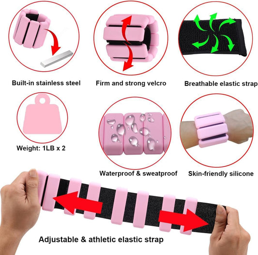 2 PCS Wrist Weights Ankle Weights Set Weight Cuffs for Foot or Wrist on Exercise Walking Jogging Yoga Aerobics Pilates Weight Fitness Bracelet (black) (pink)