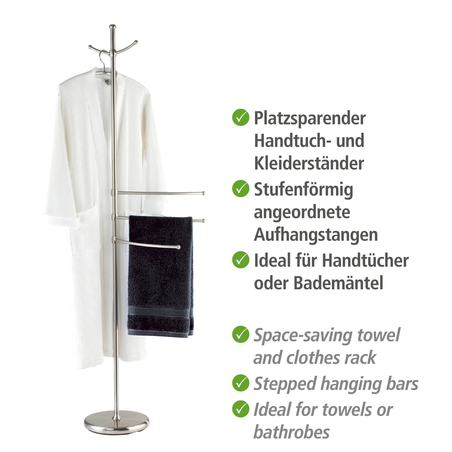 WENKO towel rack model Adiamo with adjustable arms and 2 hooks, coat stand made of brushed steel, 28 x 170 x 28 cm.