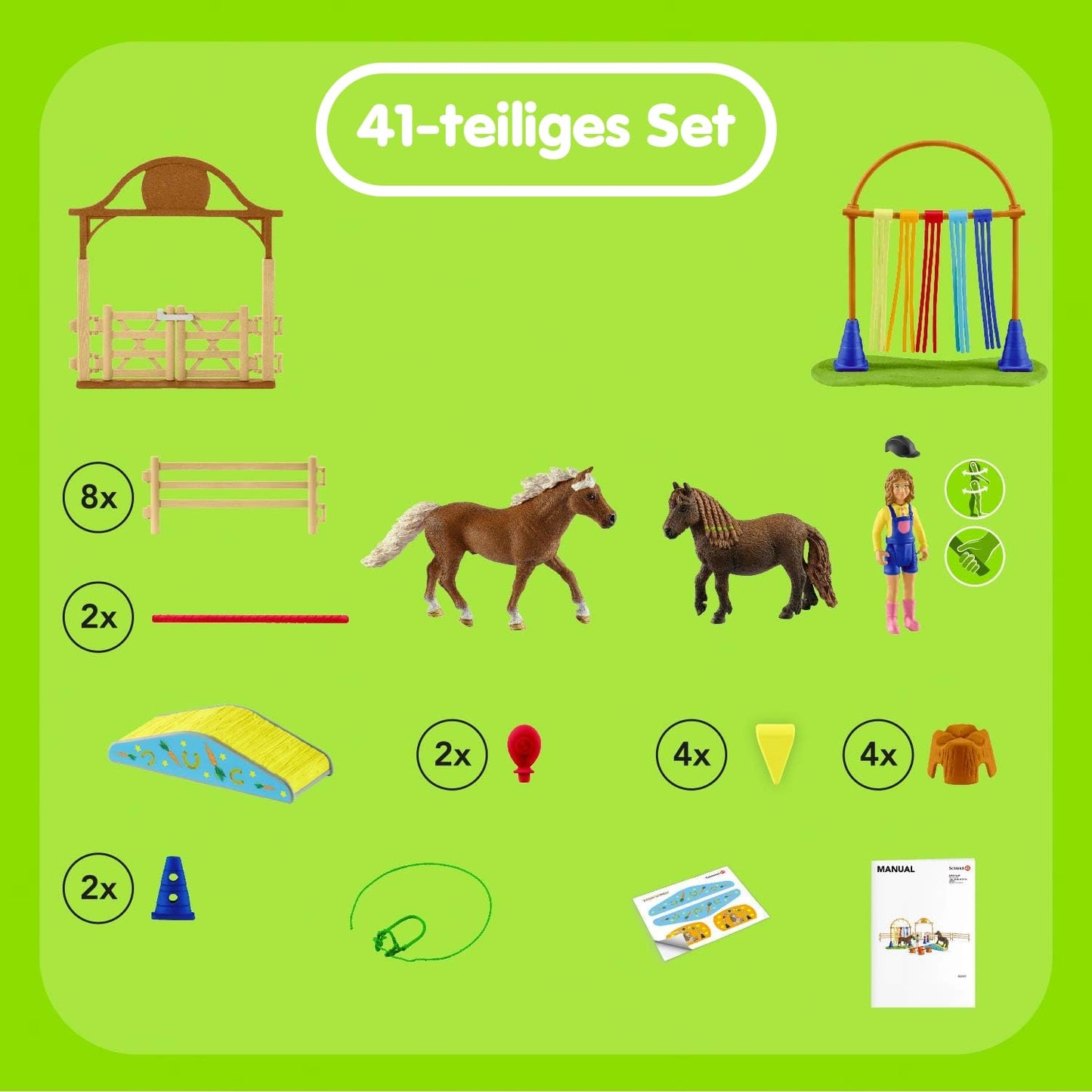 Farm World Pony Agility Starter Set 42481 includes 2 ponies, girl, course & accessories. Combine & kid-friendly designed. Farm toy for kids 3+ years. 41 pieces.