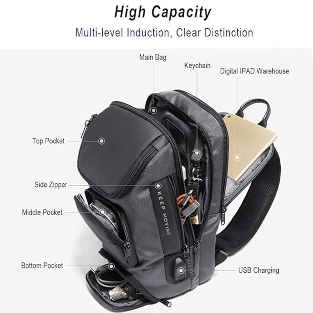 McBecdy Anti-Theft Sling Bag Men's Chest Bag Crossbody Backpack Waterproof Shoulder Bag with USB for Work Travel Hiking (Black)