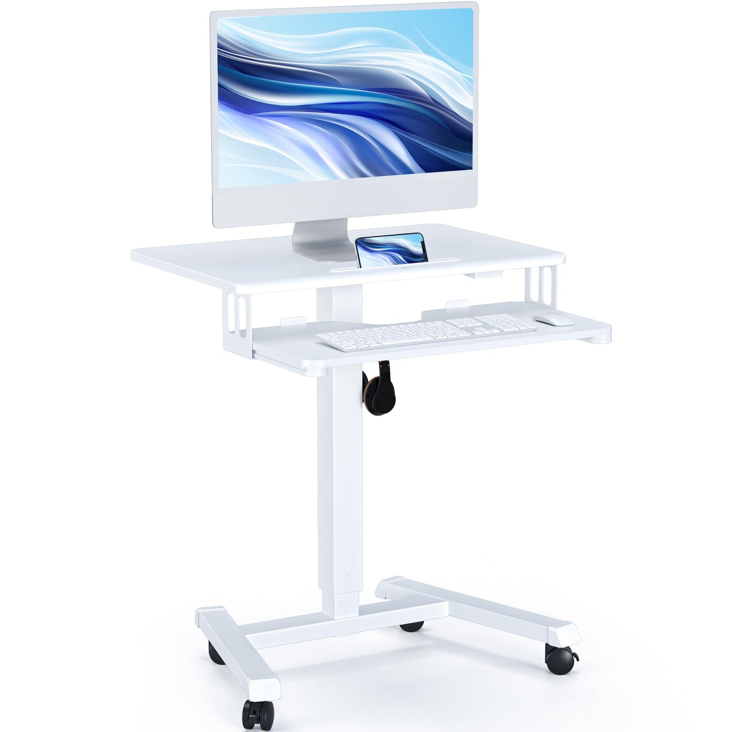 BONTEC Height Adjustable Desk with Keyboard Tray, Mobile Podium, Computer Workstation up to 15 kg, Laptop Sitting or Standing Desk on Wheels, Adjustable Standing Desk, White.