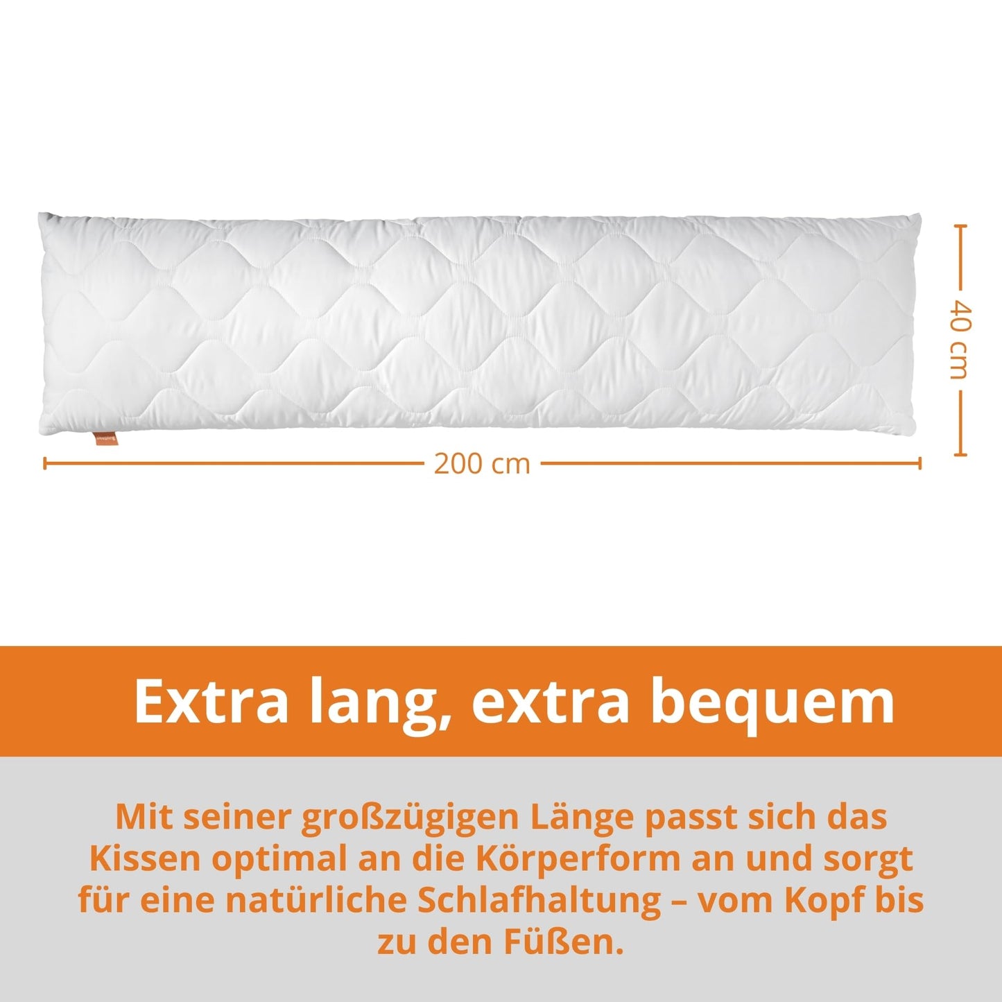 Side sleeper pillow 40 x 200 cm, body pillow with 100% soft microfiber cover, guaranteed fill quantity, 60 degree washable, Ökotex certified.