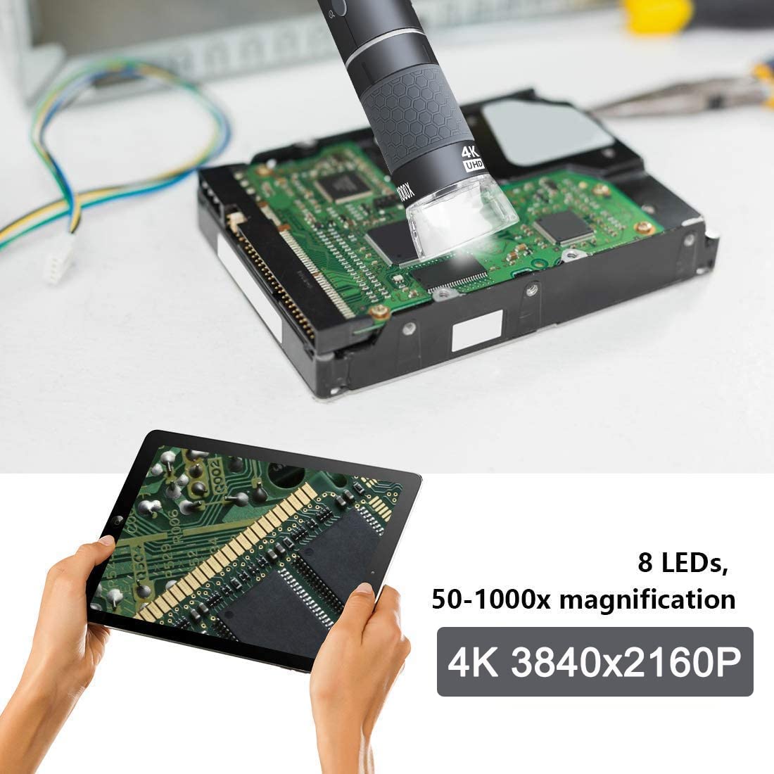 Jiusion WiFi USB Digital Microscope, 50 to 1000X Wireless Magnification Endoscope 4K 3840 x 2160P Camera 8 LEDs with Metal Stand for iPhone iPad Android Mac Windows Linux Chrome