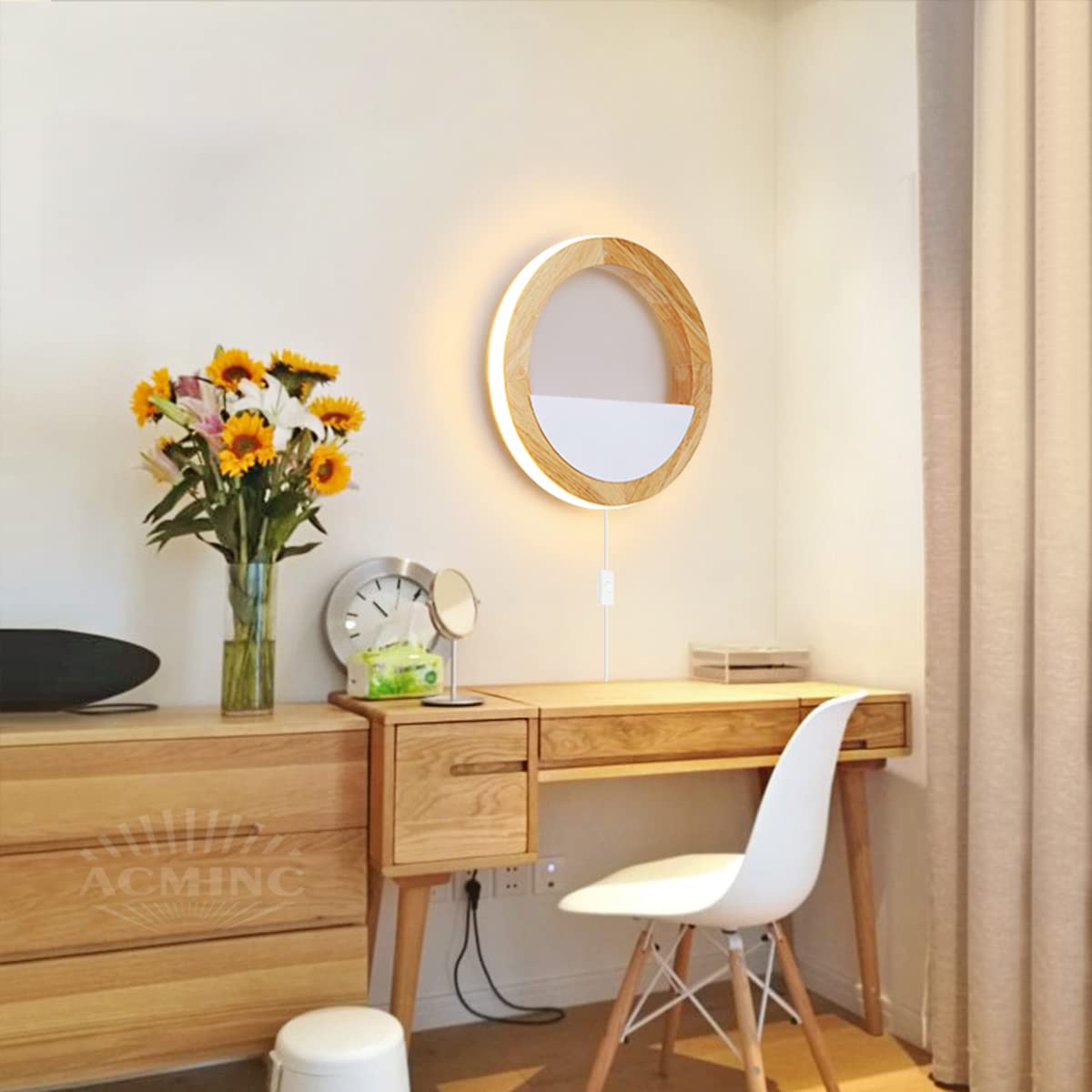 QJUZO Kids Room Wall Light Wood with Plug and Switch, 15W LED Round Indoor Wooden Wall Lamp for Bedroom Night Light Children Bed Lamp, Warm White/Cool White/Neutral White