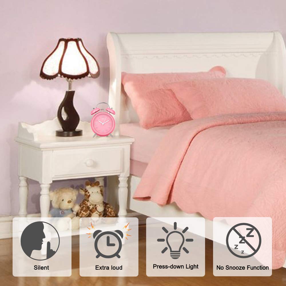 Eachui double bell alarm clock with night light, large 4-inch dial, analog quartz alarm with loud sound, no ticking, silent, battery operated kids alarm clock (pink)