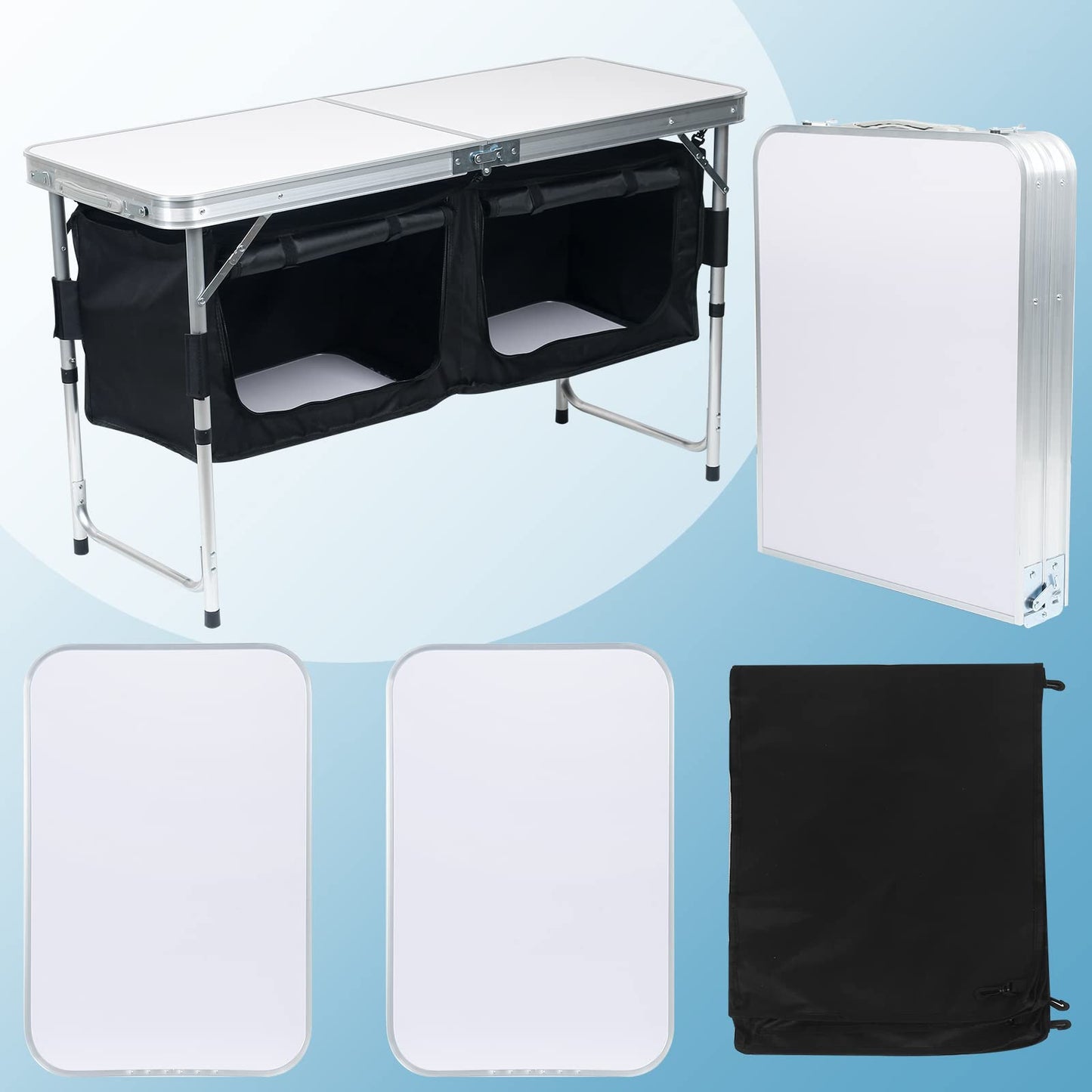 Jiubiaz Folding Camping Kitchen Aluminum Camping Table, Adjustable Height Camping Cabinet with Carrying Bag, Outdoor Camping Kitchen for Picnic