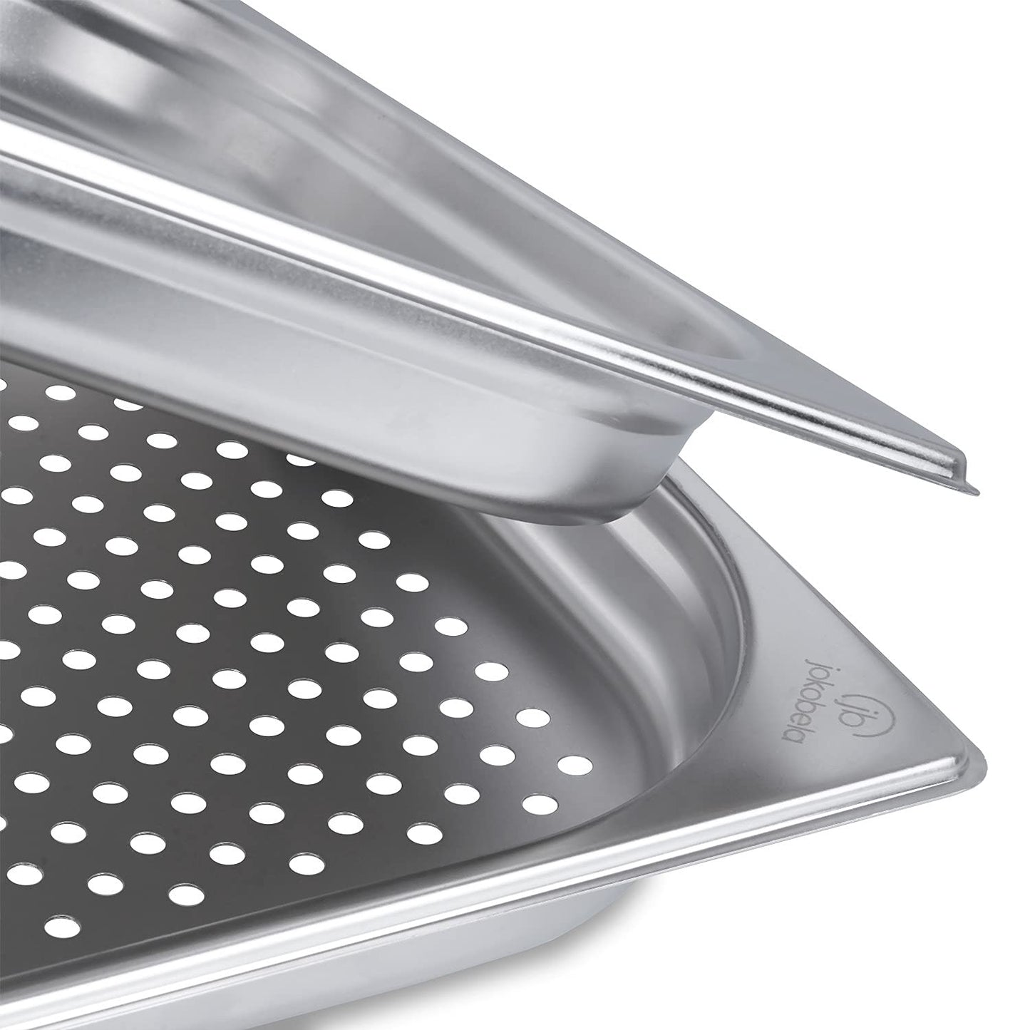 jokobela 2-piece GN container set :: 1x perforated / 1x non-perforated :: suitable for Gaggenau, Miele, and Siemens steam ovens (stainless steel, dishwasher safe, GN 2/3, W 32.5 x L 35.4 x 40mm deep)
