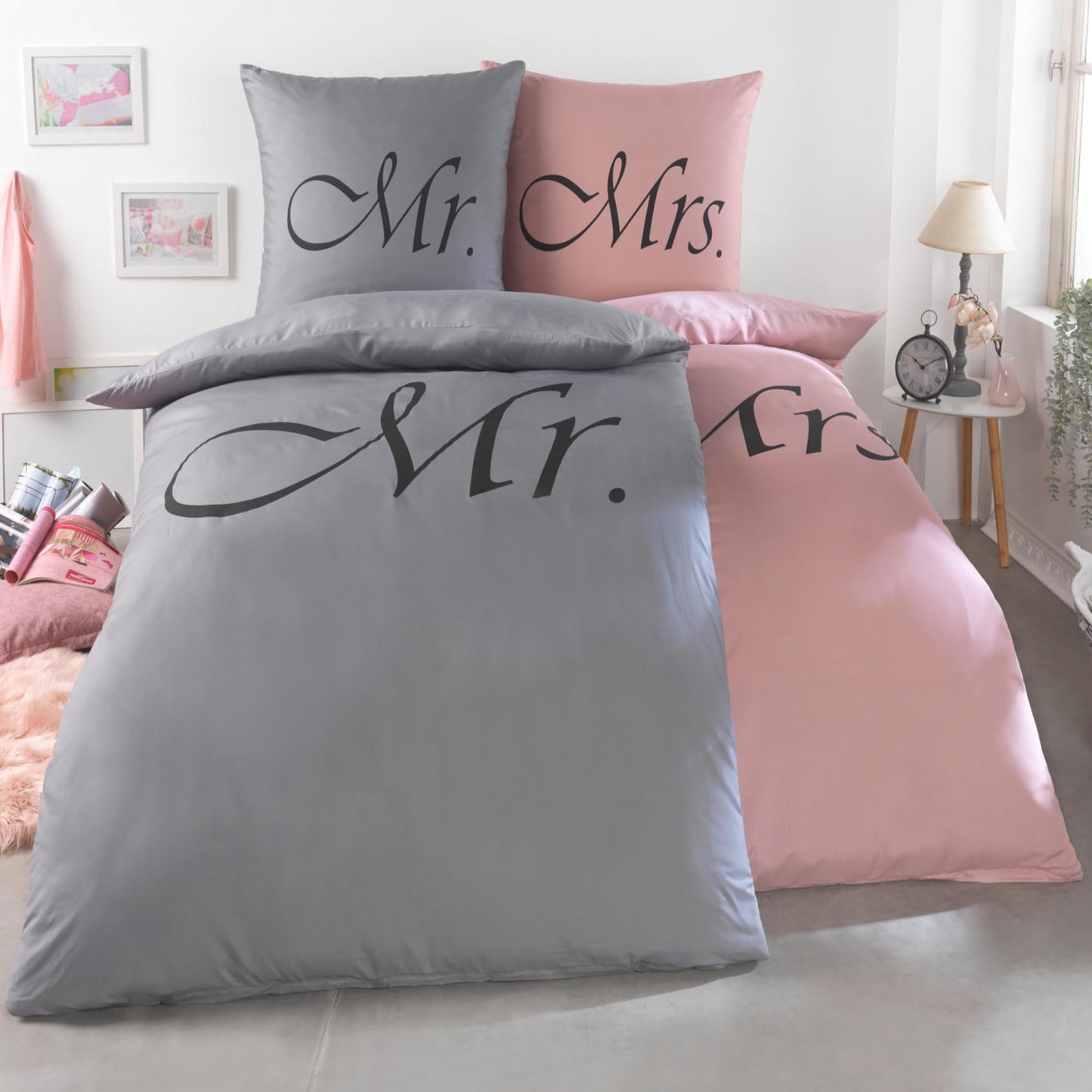 Kuscheli® 4-piece partner bedding set 135x200 with 80x80 pillowcase | ÖkoTex Certified | silky soft, microfiber for couples, color: King-Queen pink-gray
