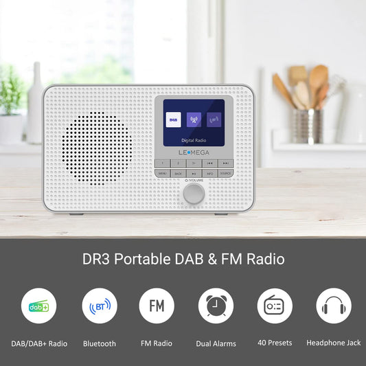 LEMEGA DR3 Portable DAB Plus/FM Digital Radio Battery Powered, Bluetooth Office Radio, Headphone Jack, Favorite Memory, Dual Alarm Clock, TFT Display, Small, 3 Watt RMS - Gray