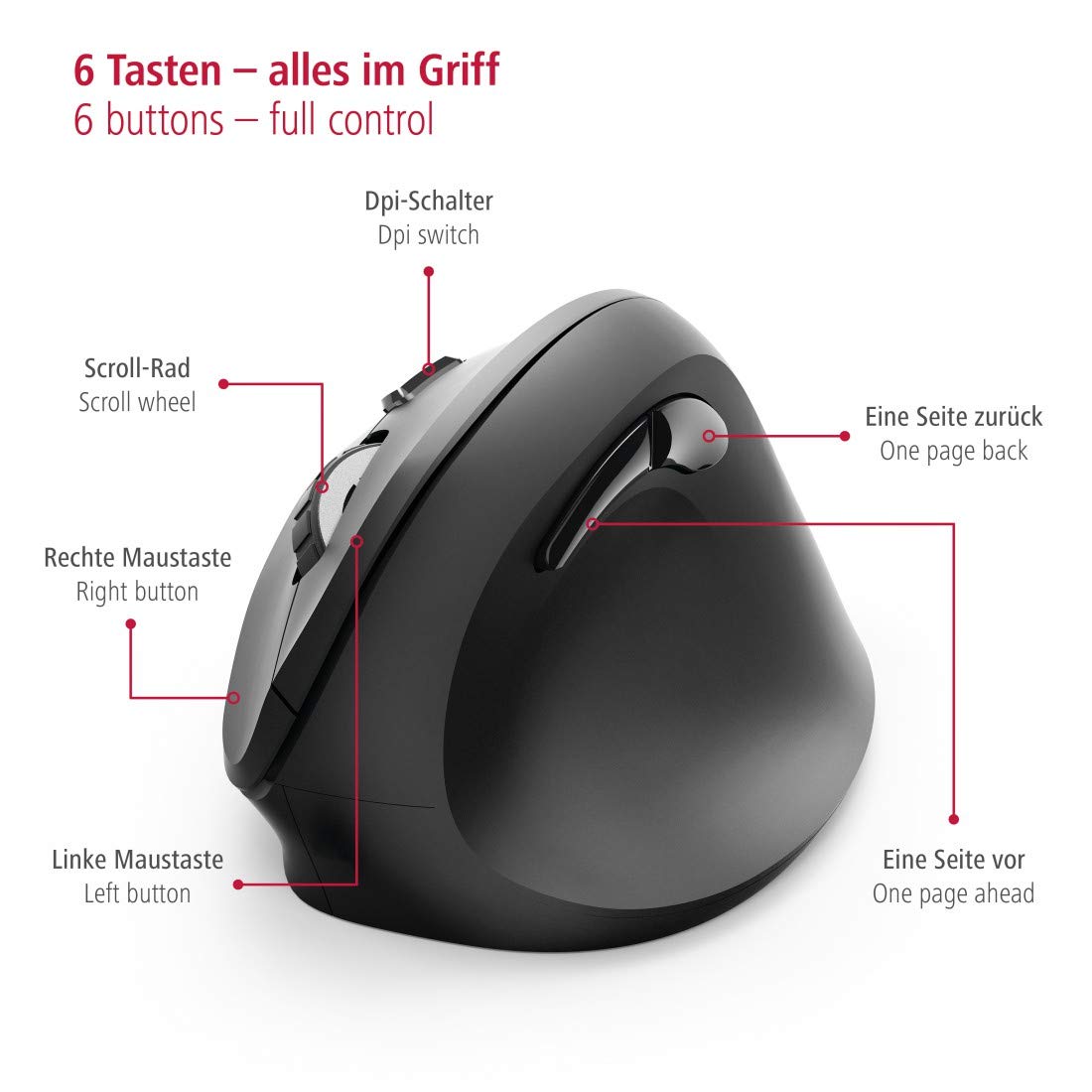 Hama wireless mouse ergonomic (Vertical mouse without cable for right-handers, wireless optical sensor mouse 1000/1400/1800dpi) black 00182699