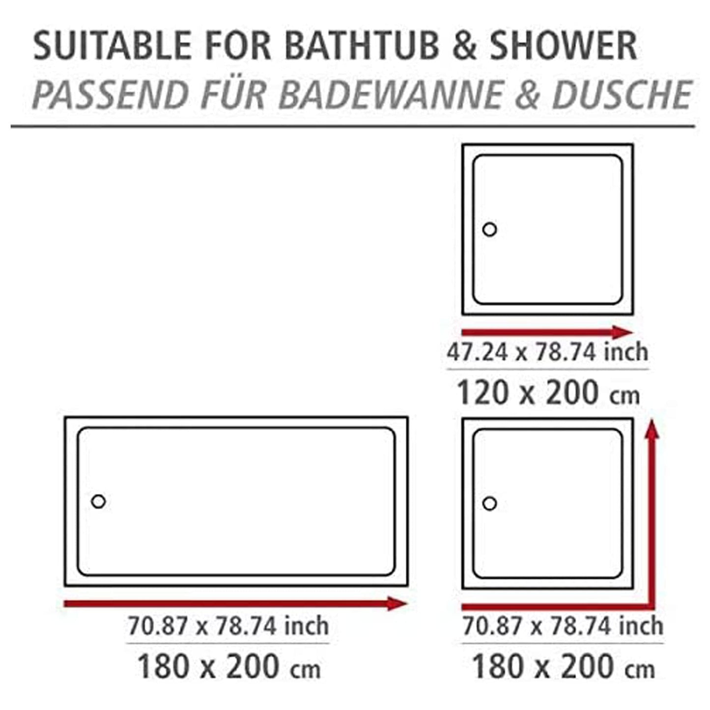 WENKO Anti-Mold Shower Curtain Home Office Flex, antibacterial textile curtain with anti-mold effect, washable, water-repellent, with integrated hanging system, 180 x 200 cm, Black/White