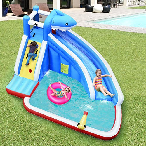 GOPLUS Inflatable Bounce House, Water Park with Slide/Climbing Wall/Basketball Hoop/Splash Pool, for Kids 4-12 Years, Kids Play Pool with Carrying Bag, 390x305x240cm (Shark, With Blower)