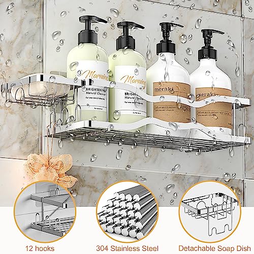 PNNP Shower Caddy without Drilling 3 pcs, Shower Shelf with 12 Hooks Soap Dish and Razor Holder, Bathroom Rack Stainless Steel for Shampoo and Shower Gel, Bath Rack Shower Caddy, Silver