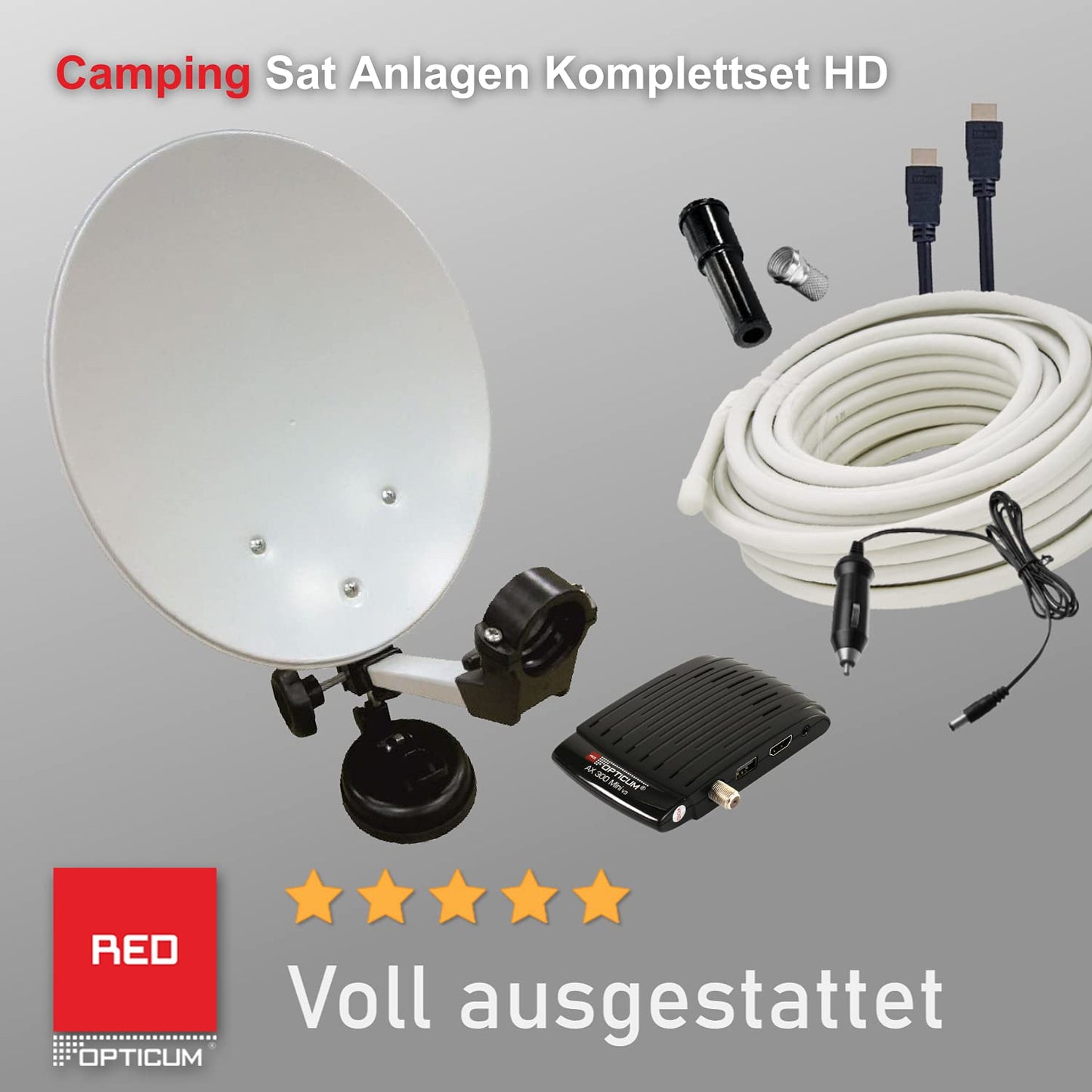 RED OPTICUM Camping Satellite Systems Complete Set HD I Mobile Satellite System with Opticum AX 300 Mini V3 Satellite Receiver - Single LNB - Camping Case Set - HDMI Cable and more. I complete Camping Satellite System