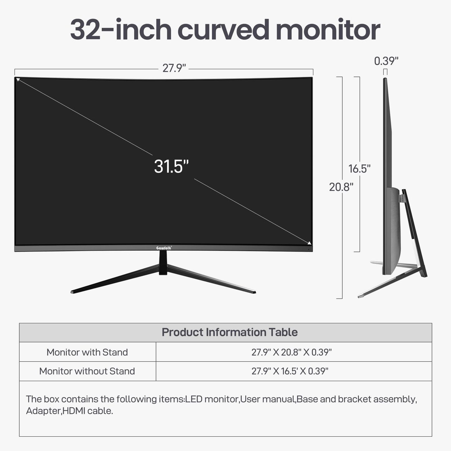 Gawfolk PC Monitor 32 inch 75Hz, PC Screen Curved Full HD 1080P, Frameless 2800R Computer Monitor with Eye Care Technology, HDMI VGA, supports VESA.