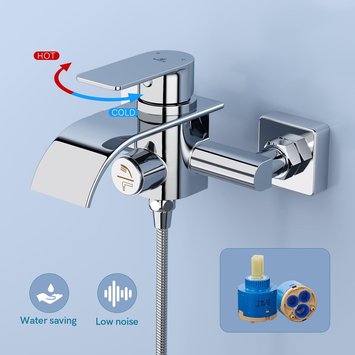 KULACO bathtub faucet waterfall, bathtub faucet mixer with pressure switch, single lever bathtub fixture made of brass, bathroom shower fixture surface-mounted tub faucet for bathroom - chrome