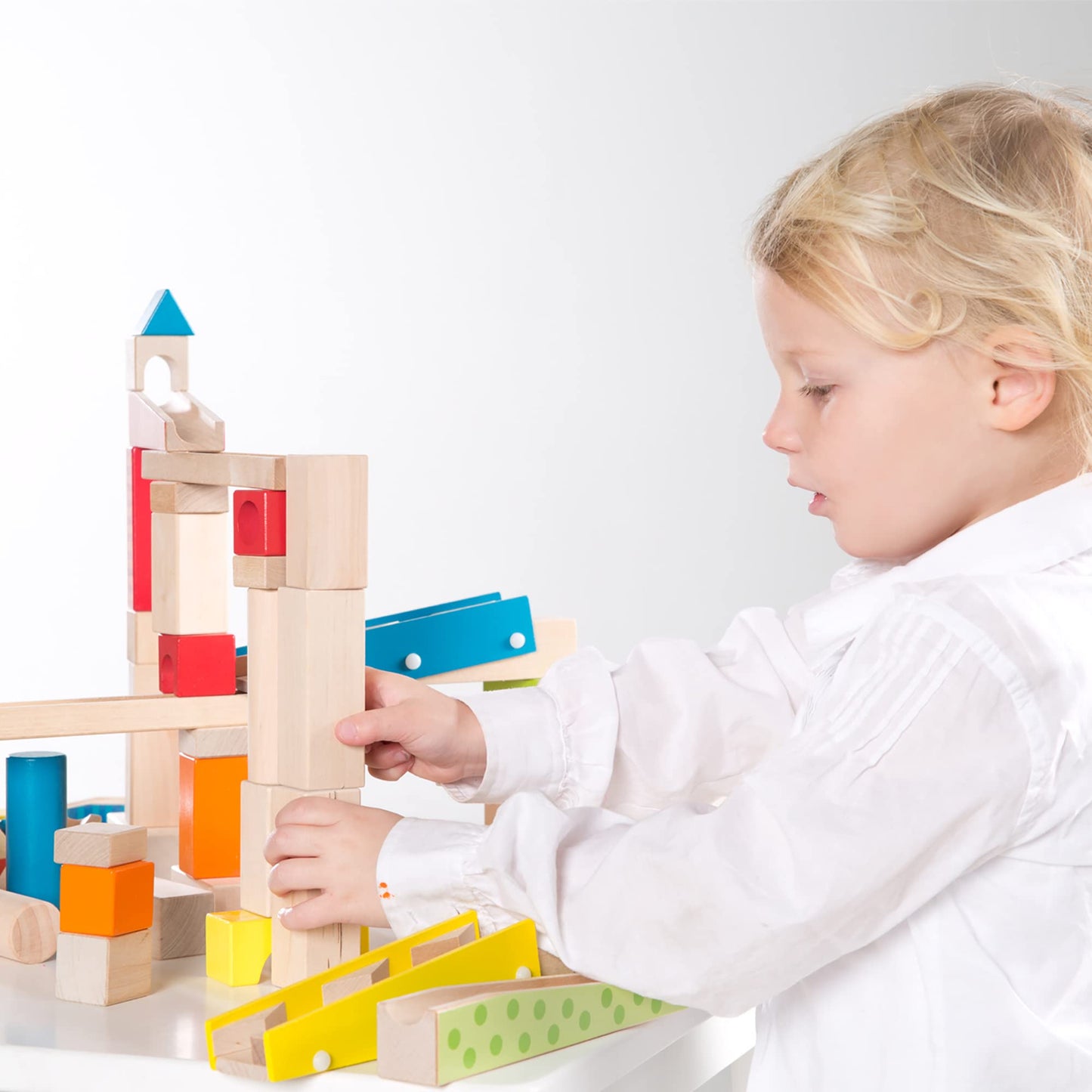 roba Ball track 100 pieces - Large wooden ball track - Marble run including building blocks with sound effects and glass marbles - Motor skills toy adjustable - Colorful wood