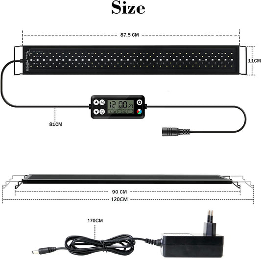 Aquarium LED lighting, 24/7 mode Dimmable 36W 2778 lumens aquarium light with timer for 90cm fish tank with adjustable bracket.