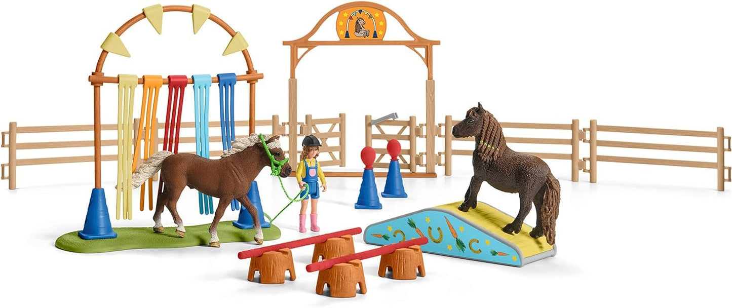 Farm World Pony Agility Starter Set 42481 includes 2 ponies, girl, course & accessories. Combine & kid-friendly designed. Farm toy for kids 3+ years. 41 pieces.