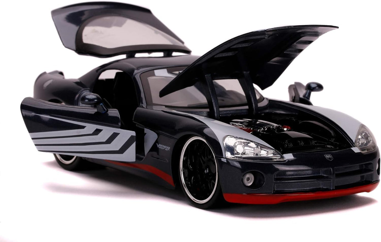Jada Toys Marvel Venom, 2008 Dodge Viper, SRT10, die-cast toy car with opening doors, trunk, and hood, includes die-cast Venom figure, 1:24 scale, black