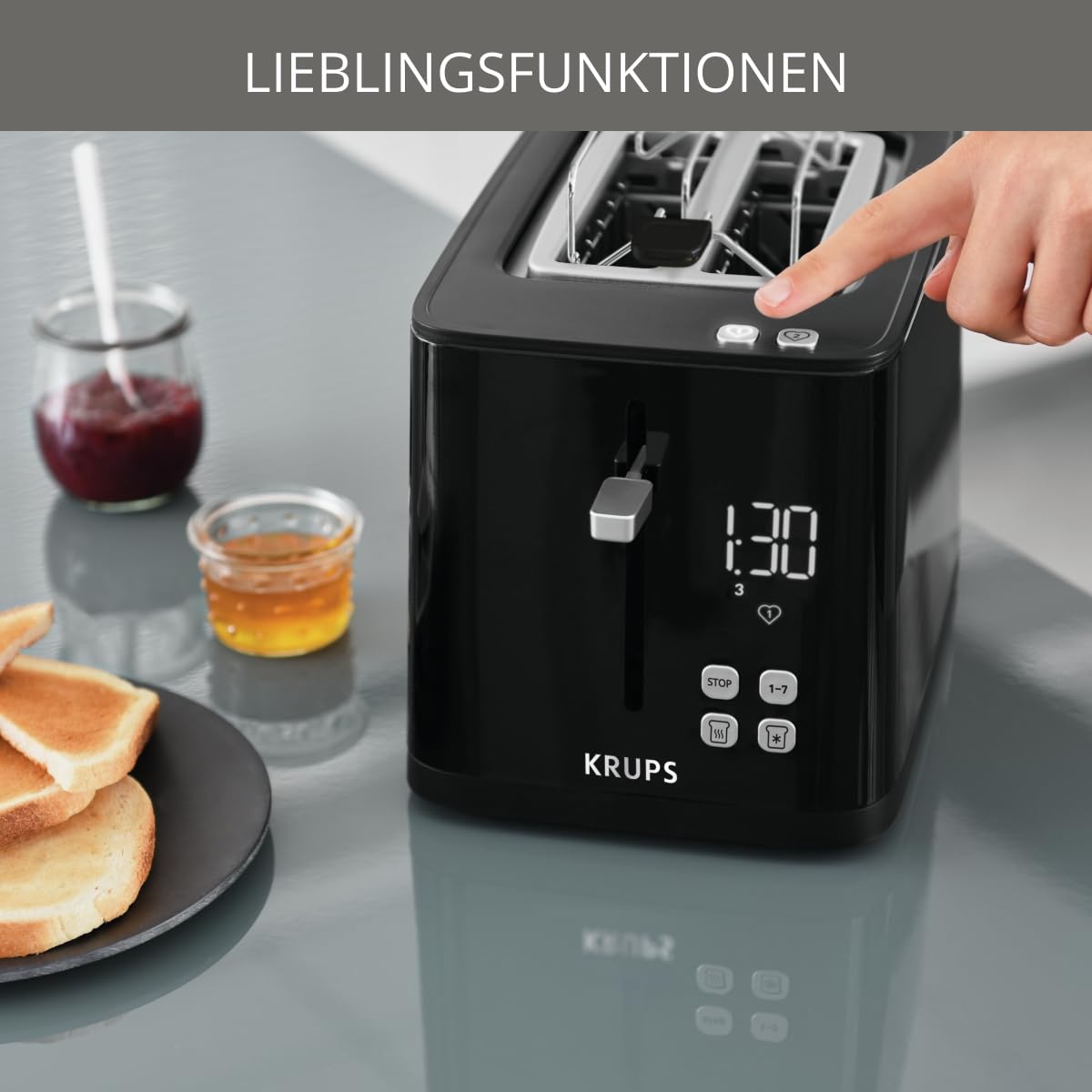 Krups KH641810 Smart'n Light Toaster, Two-Slice Toaster, Digital Display, 7 Browning Levels, Removable Crumb Tray, Countdown, Lift Function, Black