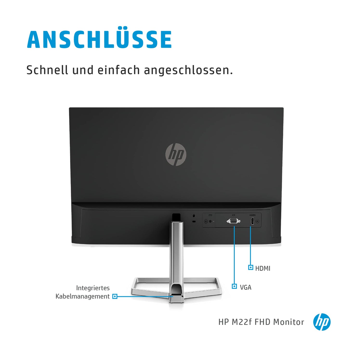 HP M22f Monitor - 21.5 inch screen, Full HD IPS display, 75Hz, 5ms response time, VGA, HDMI 1.4, silver/black.
