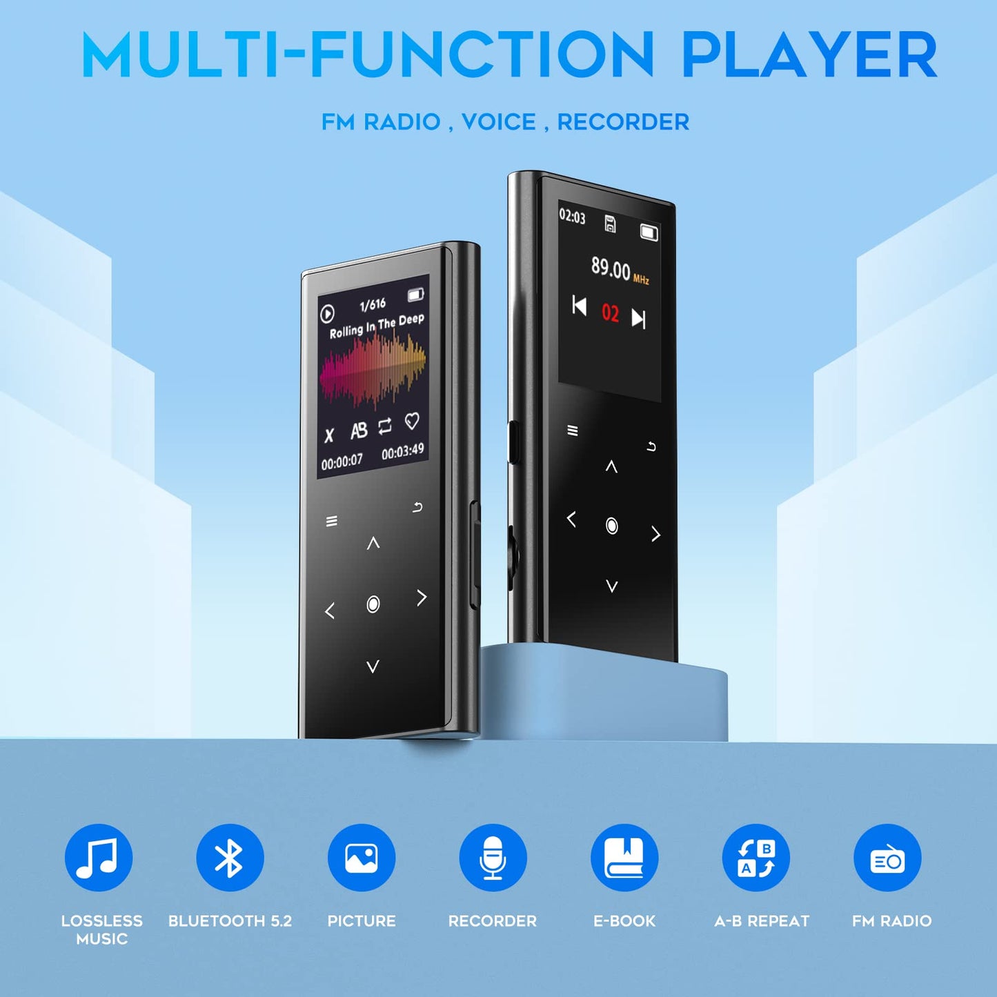 128GB MP3 player, ZOOAOXO Music Player with Bluetooth 5.2, built-in HD speaker, FM radio, voice recorder, compact design, weighs 70 grams, HiFi sound, perfect for sports, includes headphones.