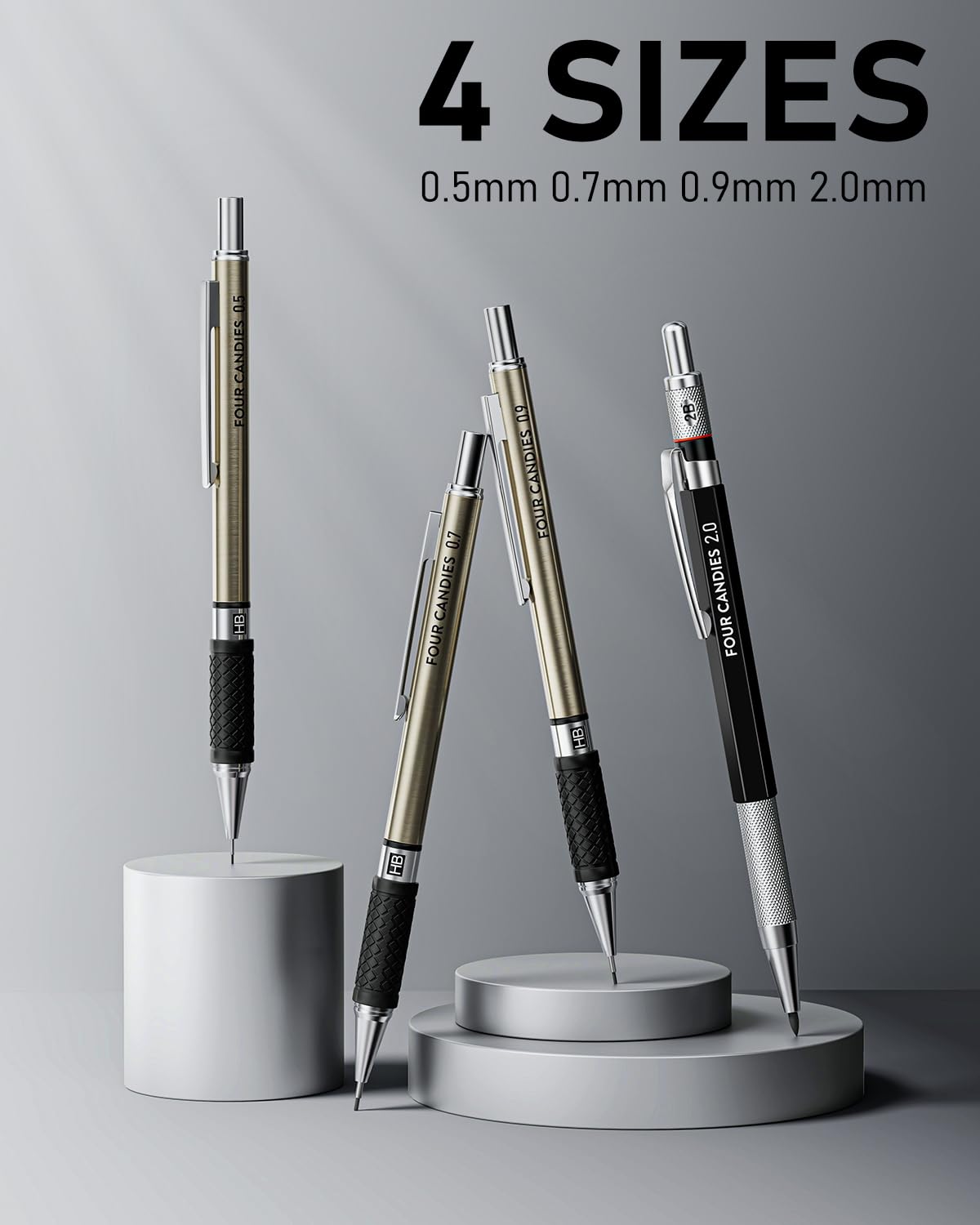 Four Candies 25-piece Art Mechanical Pencil Set with Case, Metal Mechanical Pencils 0.5, 0.7, 0.9 mm 2 mm Clutch Pencil (HB 2H 2B 4B Color) with 432 Graphite Lead Refills for Drawing