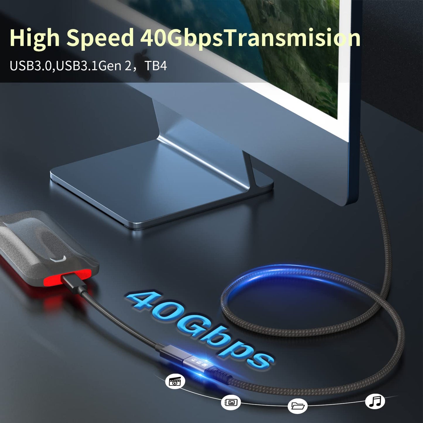 Angusplay USB C Thunderbolt 4 Extension 40Gbps, USB 4 Extension Cable, 8K 60Hz Display/100W Charging Compatible with Thunderbolt 4/3, USB4/3, Type C, for Mac MacBook Pro, external SSD eGPU, 0.8m