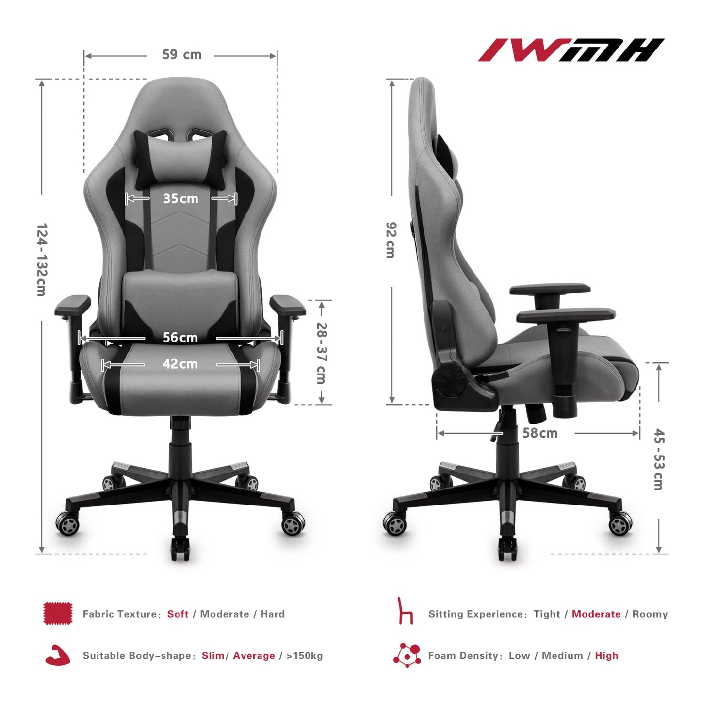 IntimaTe WM Heart Gaming Chair, Ergonomic Fabric Gamer Chair, Racing Office Chair with Adjustable Armrests, Computer Chair with Lumbar Pillow, Padded, Swivel Chair Rocking Function Gray