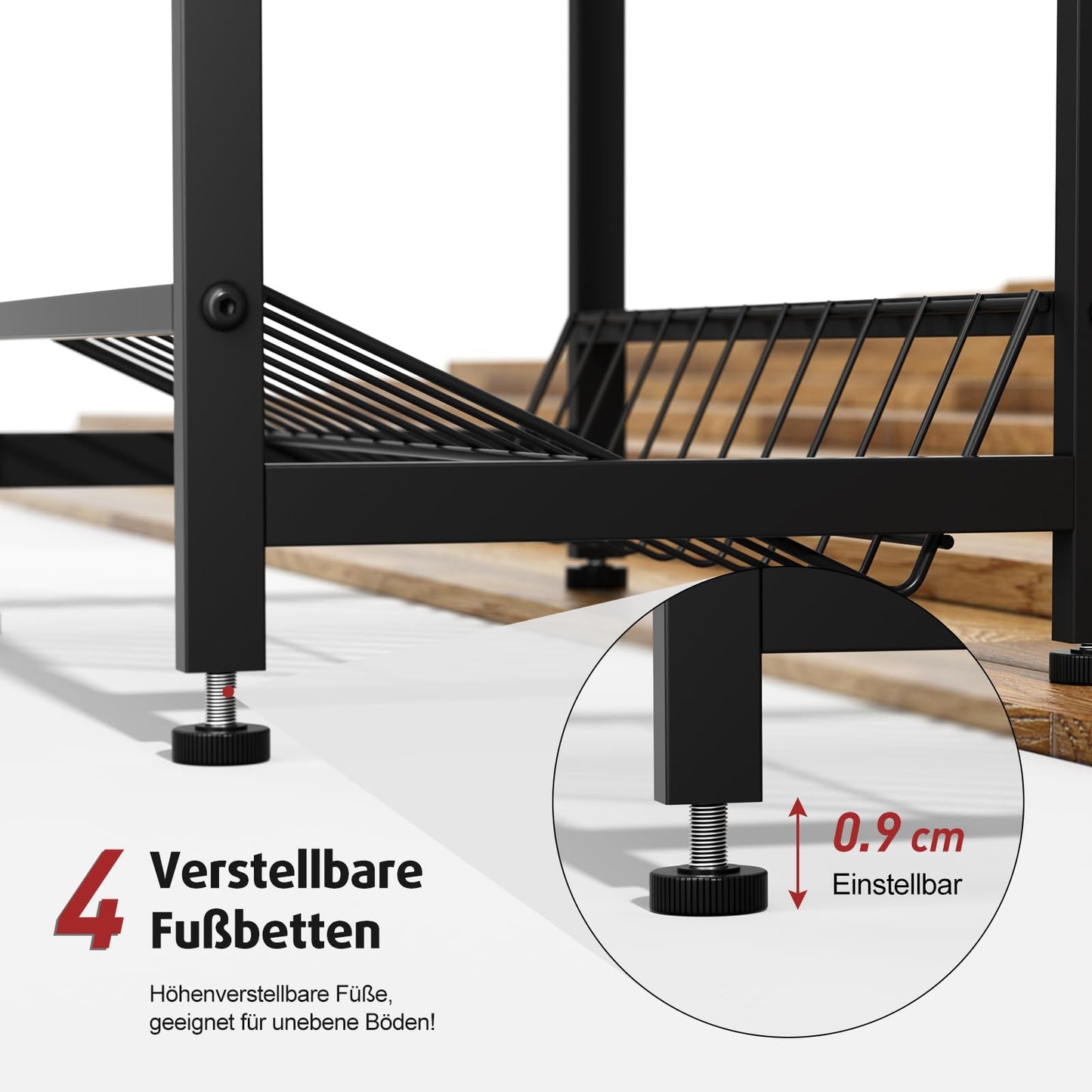 Rainsworth narrow beverage crate shelf in black with metal grid holder, 33W x 50D x 98H cm. Holds 2 crates with adjustable feet. Small beverage shelf.