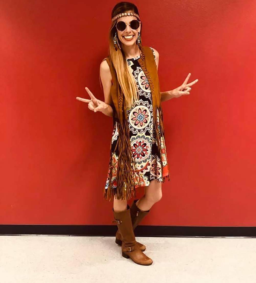 YADODO Hippie Costume Women Set Fringed Sleeveless Vest Hippie Clothing 60s 70s Vintage Outfit Girls Disco Costume Cowgirl Brown Vest Bolero Carnival Halloween Costumes Women M