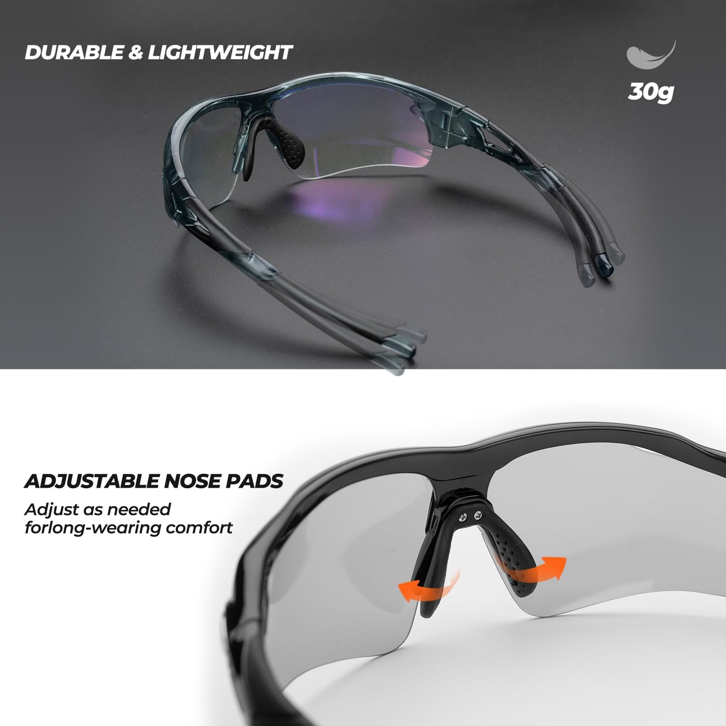 ROCKBROS self-tinting sunglasses for men and women. Photochromatic lenses for UV400 protection. TR90 frame for sports like cycling and fishing.