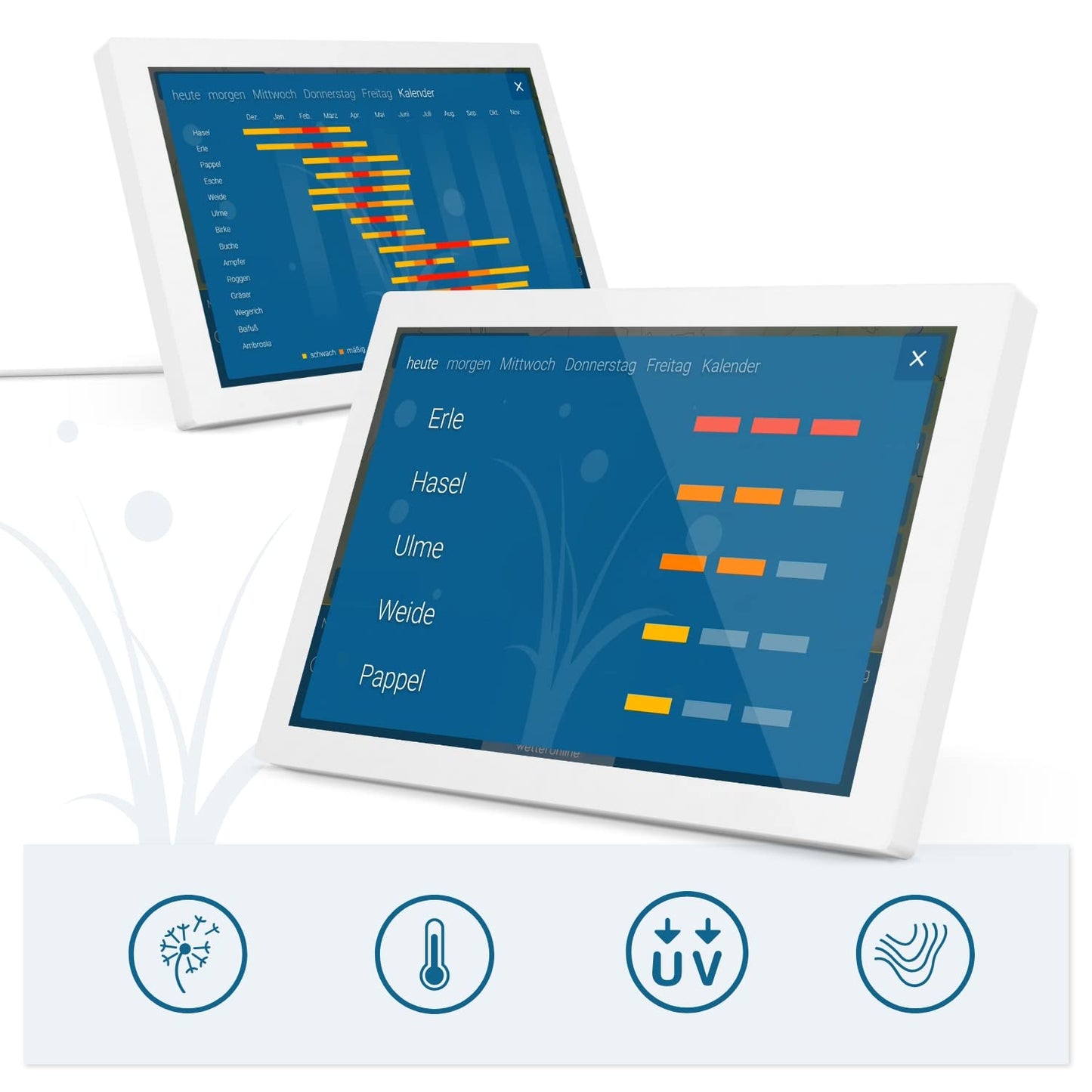 WeatherOnline Home 3, WeatherDisplay with WeatherRadar: new generation of WLAN weather station, indoor sensor to monitor room climate, pollen forecast for allergy sufferers, UV index, severe weather warning.