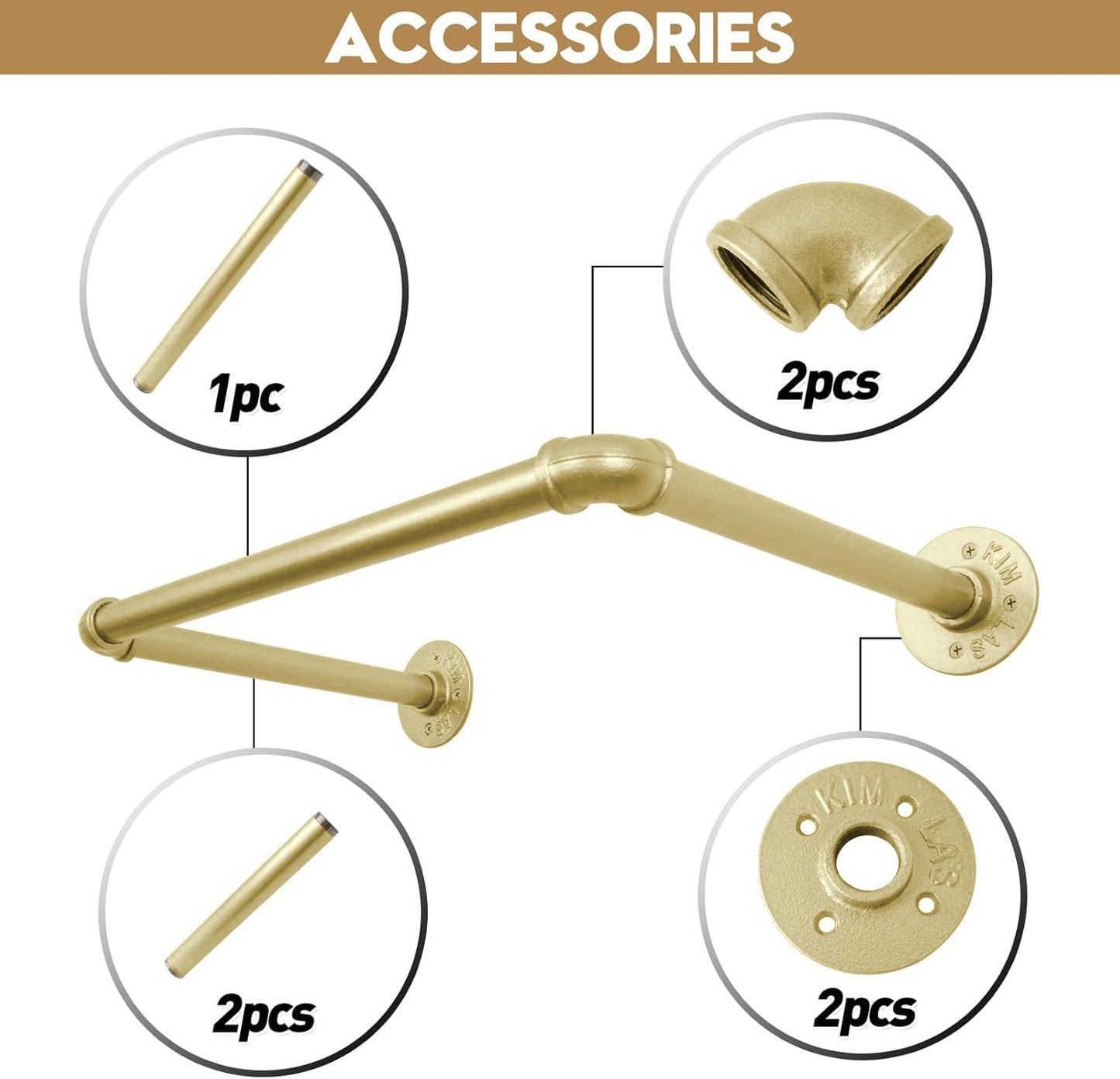 Industrial pipe clothing rack, set of 2, 52 cm, DIY, sturdy clothes rack, wall mounted, black iron pipe frame (Gold) 52 cm
