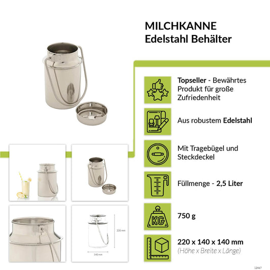 Stainless steel milk jug 2.5l - milk pitcher - for coffee milk sauces - 22cm tall - milk jug with lid - handle transport container - milk jug decoration - coffee pot - wine container