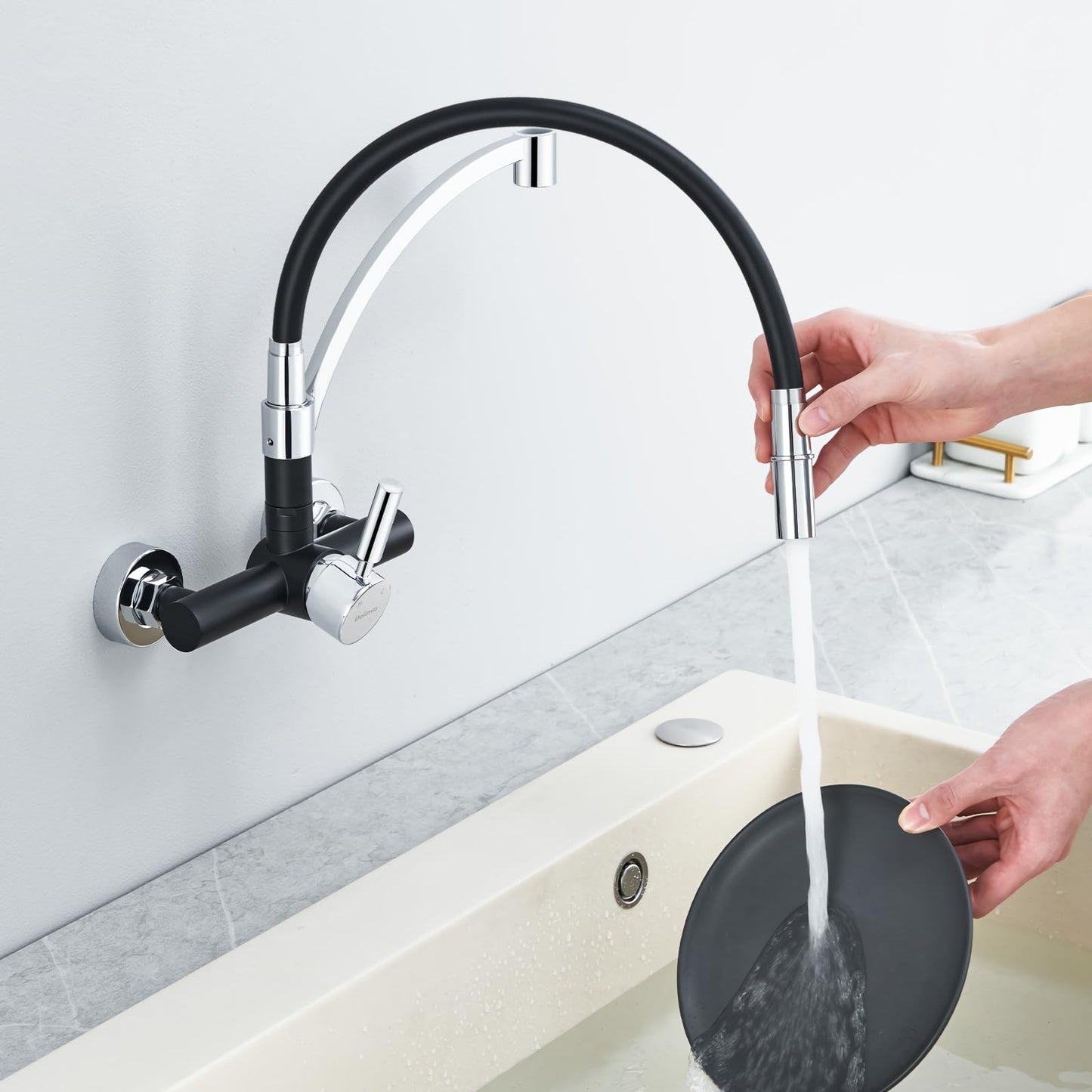 Kitchen faucet Wall-mounted sink faucet Black, Dolinvo Kitchen faucet Wall-mounted with 360° swivel, Single lever sink mixer tap wall-mounted faucet, Scald protection silicone cover.