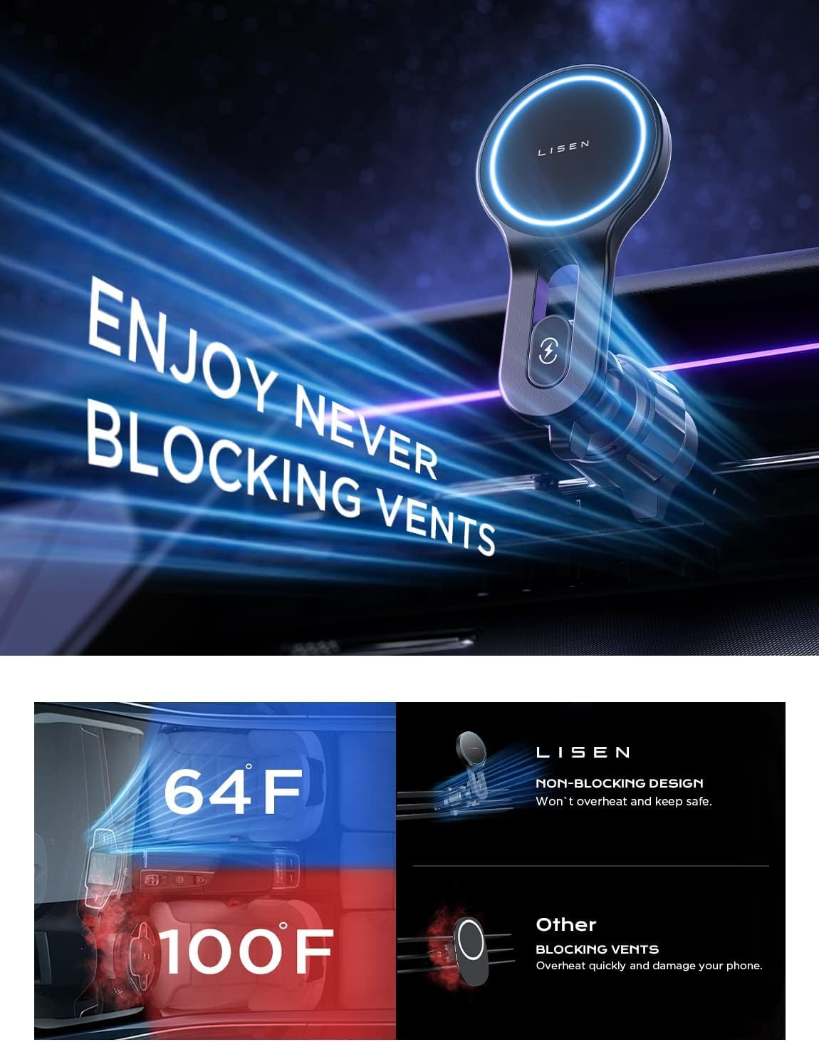LISEN 15W for Magsafe car mount with charging function phone holder Car MagSafe charger Car Wireless Charger Car Magnet Phone Holder Car for iPhone 17/16/15/14/13/12 ProMax Mini Plus Series