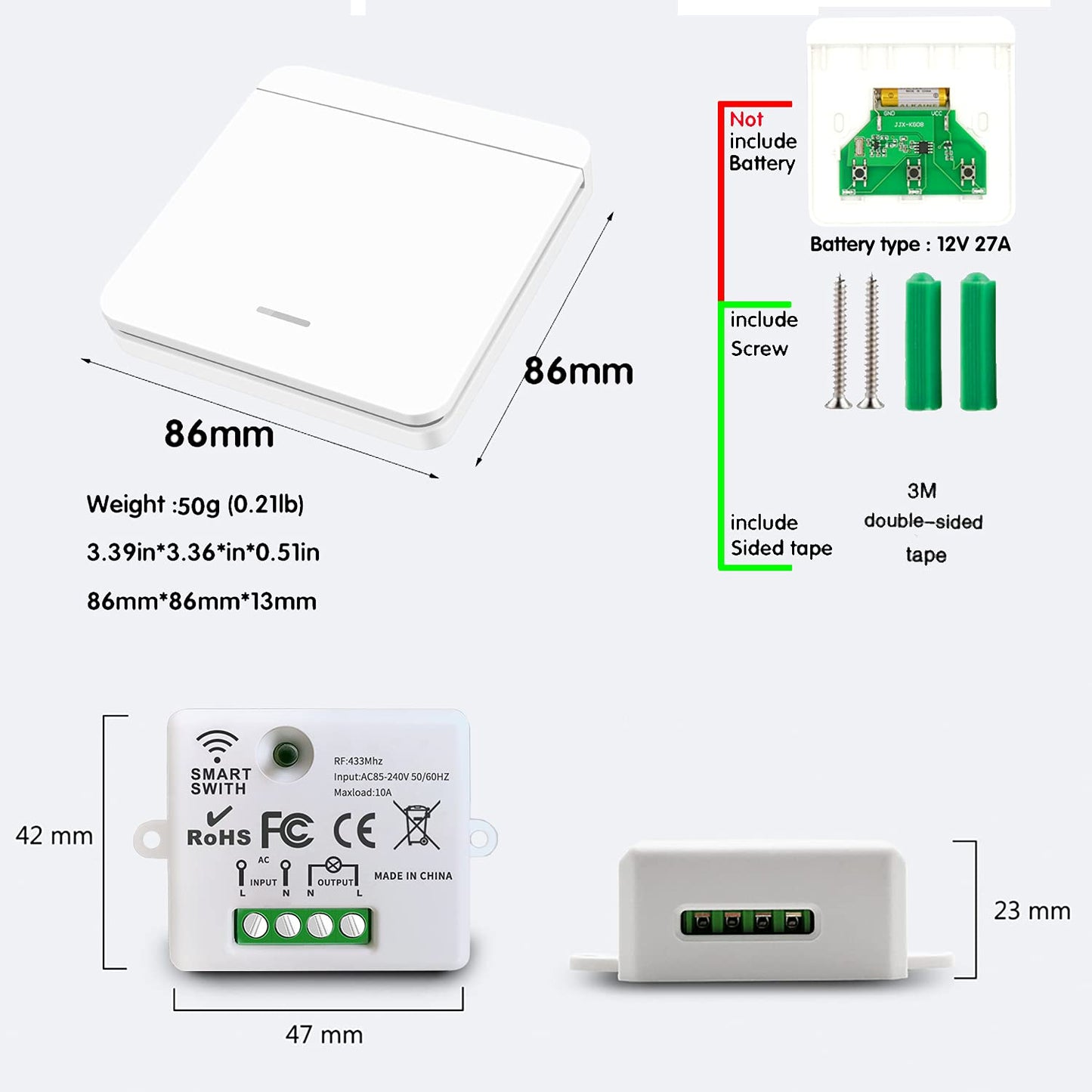 This RC radio light switch, radio transmitter security switch, and receiver controller 10A, easy installation for lamps up to 1500W.